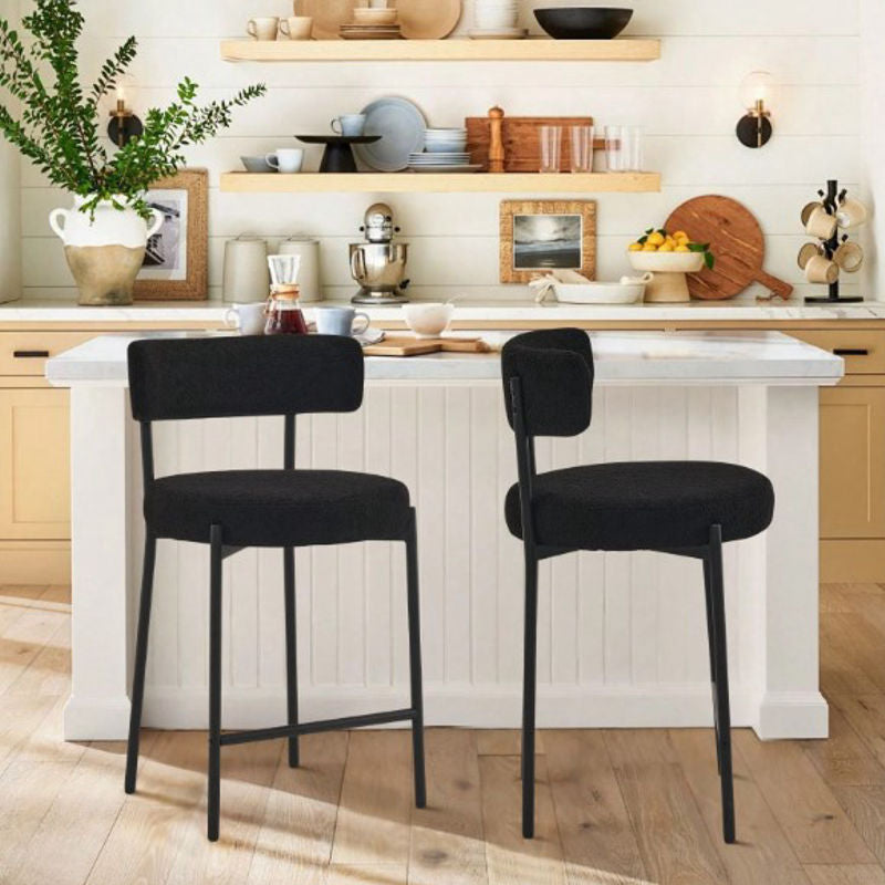 Black Furry Bar Stool Set With Metal Black Frame Modern Sherpa Upholstered Dining Chairs With Padded Seat Industrial Counter Stool For Home Bars Kitchens Cafes Lounges Luxurious Kitchen Chairs Room Decor